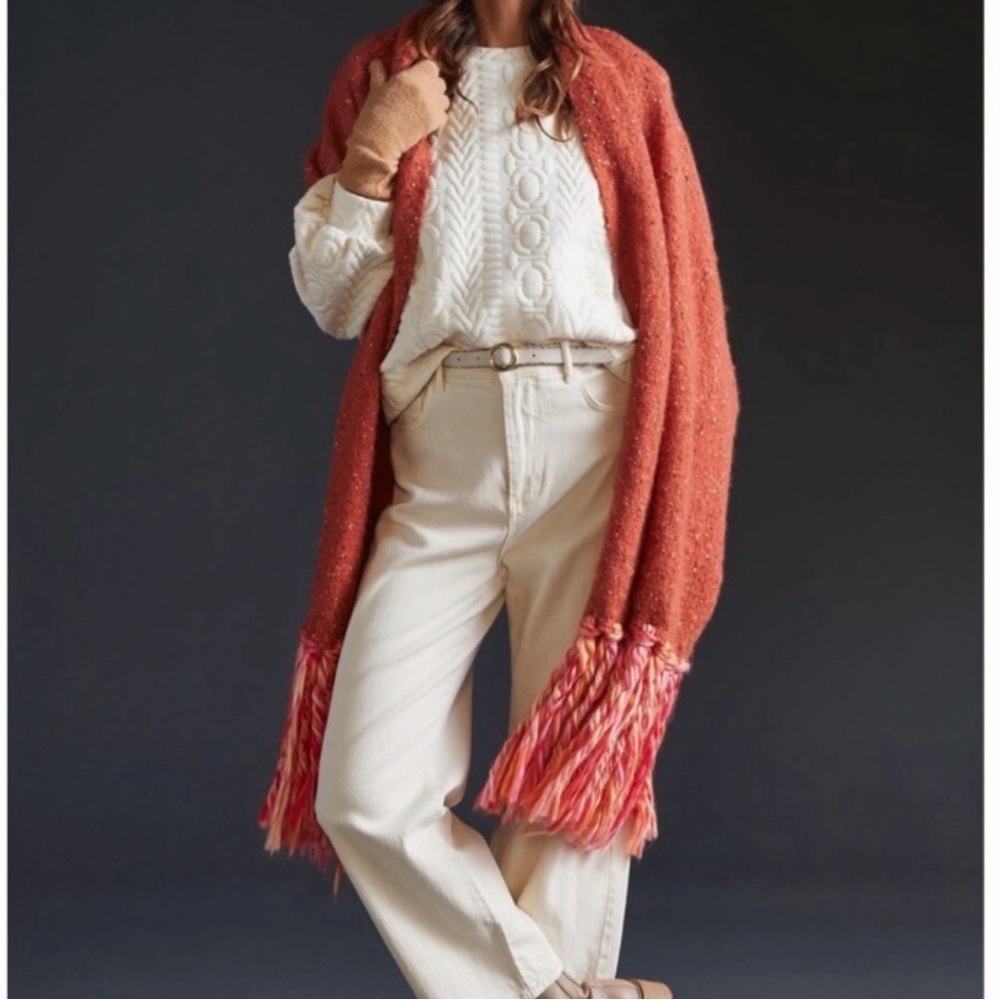 Anthropologie Cozy Bronze/Burnt Orange Fringe Knit Scarf; 77”x19” NWT